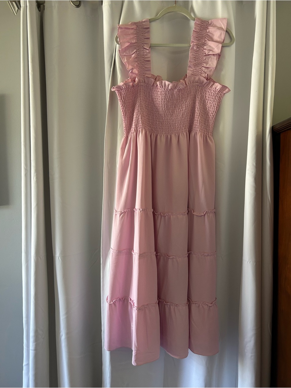 Hill House Pink Smocked Ruffle-Shoulder Tiered Maxi Dress